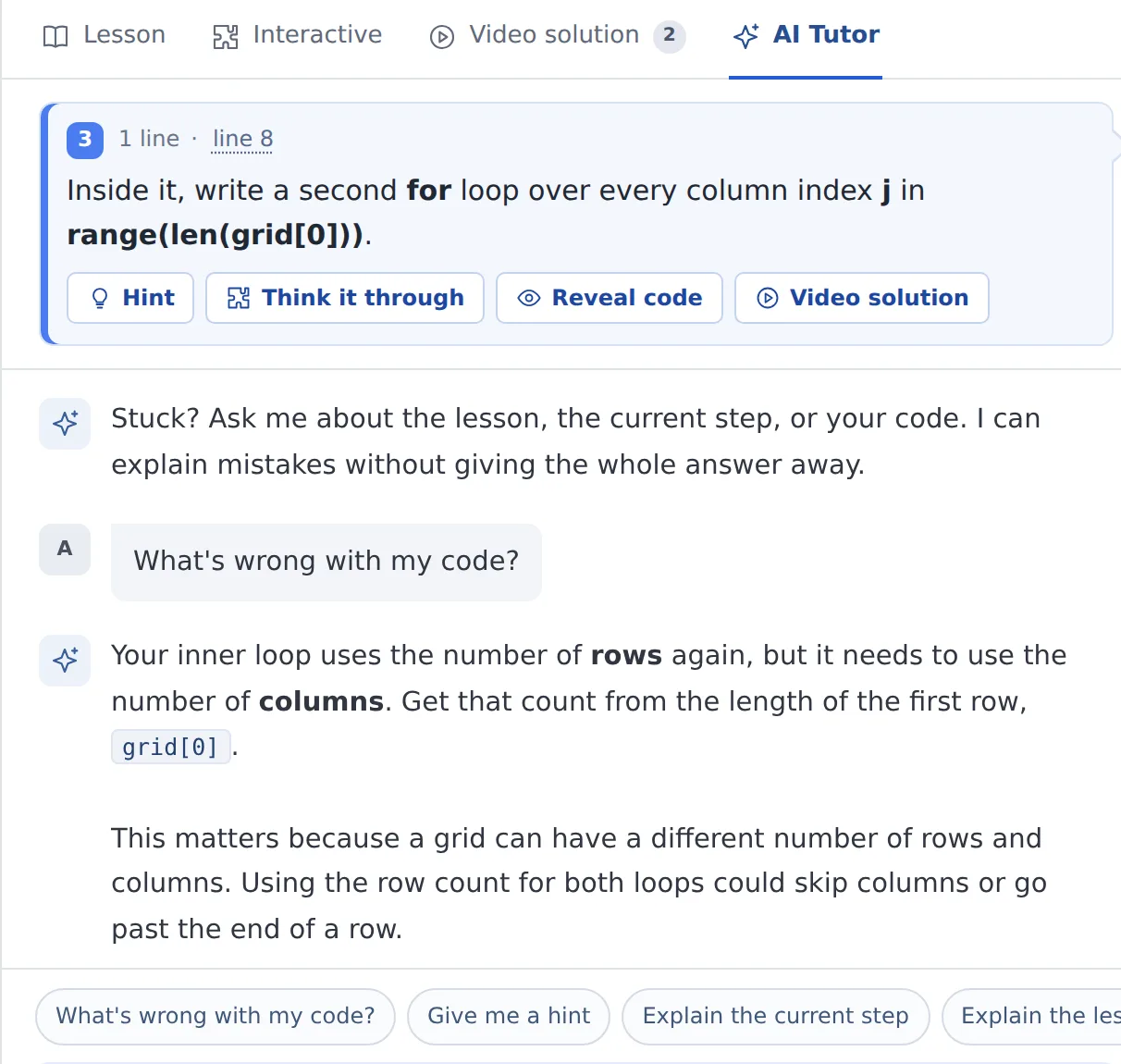 The AI tutor in a lesson: it explains what is wrong with the learner's code without giving the answer away